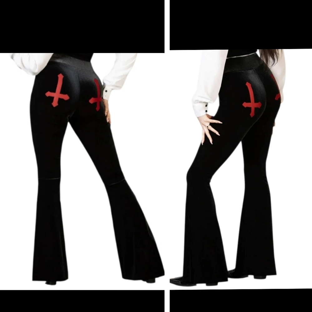 KILLSTAR Scarlet Flame Inverted Cross Velvet Flare Pants 4X Black Red NEW w/TAGS